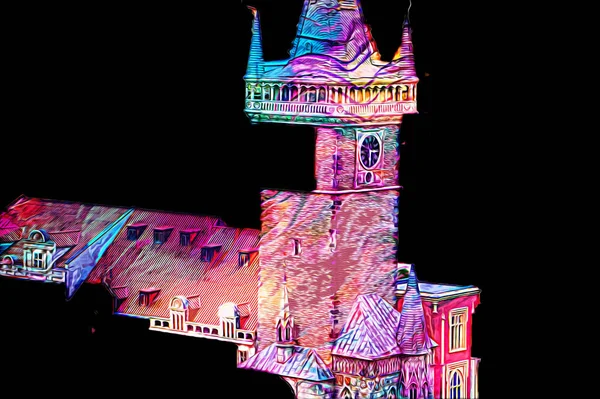 Prag 'daki eski şehir meydanı, Çek Cumhuriyeti, sanat illüstrasyonu antika eskiz