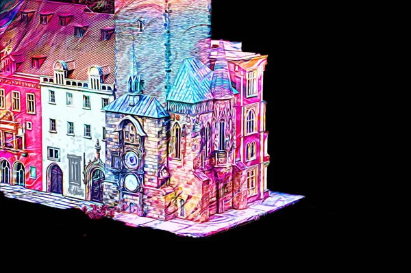 Prag 'daki eski şehir meydanı, Çek Cumhuriyeti, sanat illüstrasyonu antika eskiz