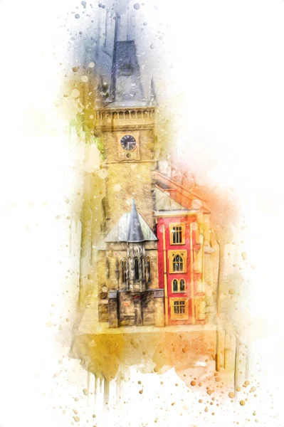 Prag 'daki eski şehir meydanı, Çek Cumhuriyeti, sanat illüstrasyonu antika eskiz