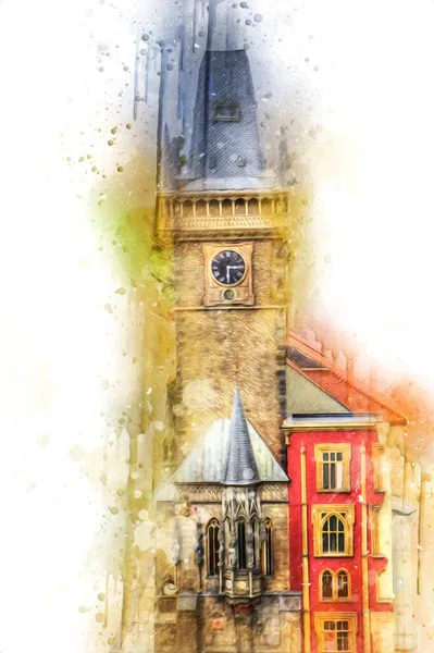 Prag 'daki eski şehir meydanı, Çek Cumhuriyeti, sanat illüstrasyonu antika eskiz