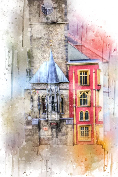 Oude Stadsplein Praag Tsjechië Art Illustration Retro Vintage Antieke Schets — Stockfoto