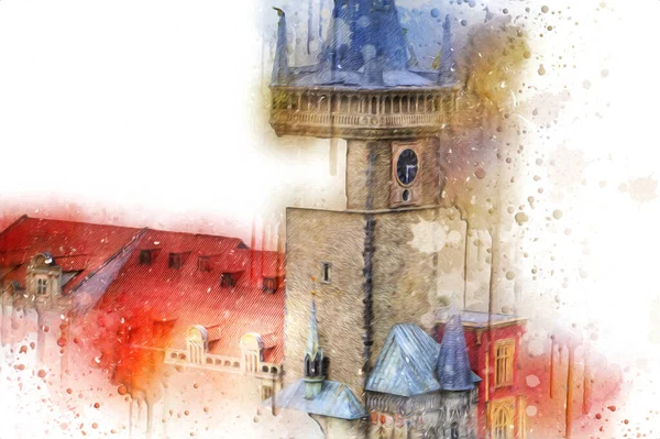 Prag 'daki eski şehir meydanı, Çek Cumhuriyeti, sanat illüstrasyonu antika eskiz