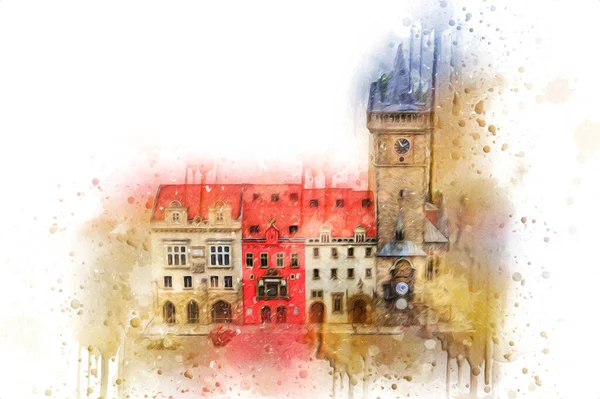 Prag 'daki eski şehir meydanı, Çek Cumhuriyeti, sanat illüstrasyonu antika eskiz