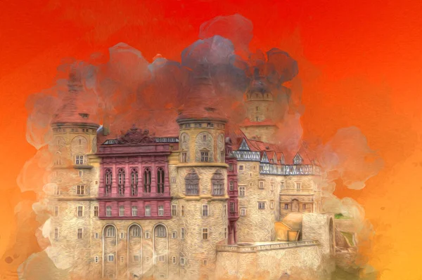 Ksiaz Castle Poland silesia art retro photography vintage old aerial. view