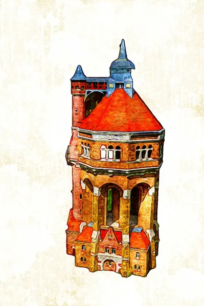 The water tower at Sudecka Street in Wroclaw, 63 meters high, designed by Karl Klimm. Built 1904-1905, situated in Borek, the district of Krzyki, Wroclaw, Poland.