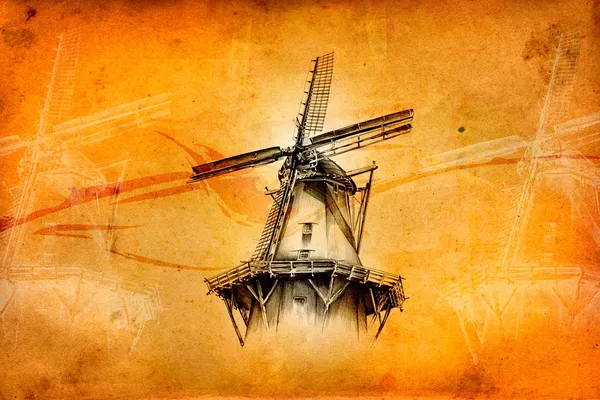 Windmolen oude retro vintage tekening — Stockfoto