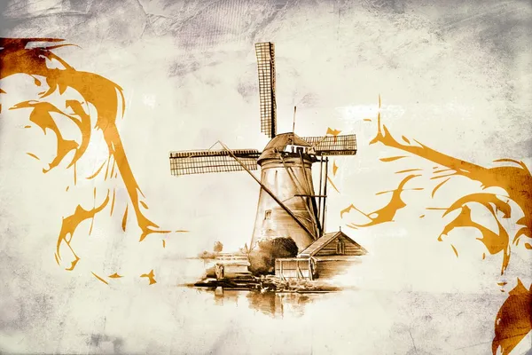 yel değirmeni eski retro vintage çizim