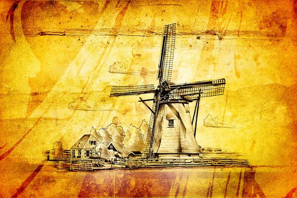 Windmill old retro vintage drawing