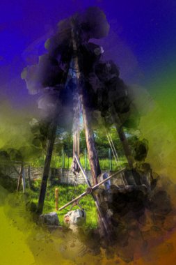 Bir inşaat sahasında ortaçağ vinci, eski çağlar, sanat illüstrasyonu antika eskiz