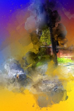 Bir inşaat sahasında ortaçağ vinci, eski çağlar, sanat illüstrasyonu antika eskiz