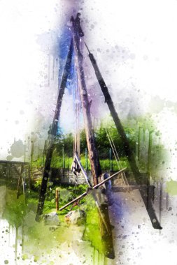 Bir inşaat sahasında ortaçağ vinci, eski çağlar, sanat illüstrasyonu antika eskiz