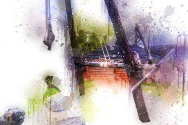 Bir inşaat sahasında ortaçağ vinci, eski çağlar, sanat illüstrasyonu antika eskiz