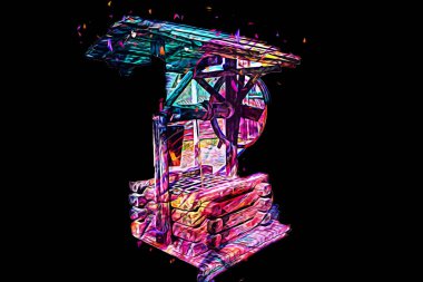 Asılı ahşap kovası, ahşap çatısı, yaşlılığı, sanat illüstrasyonları antika eskizi olan antik artezyen kuyusu.