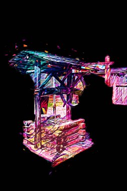 Asılı ahşap kovası, ahşap çatısı, yaşlılığı, sanat illüstrasyonları antika eskizi olan antik artezyen kuyusu.