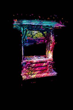 Asılı ahşap kovası, ahşap çatısı, yaşlılığı, sanat illüstrasyonları antika eskizi olan antik artezyen kuyusu.