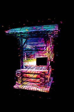 Asılı ahşap kovası, ahşap çatısı, yaşlılığı, sanat illüstrasyonları antika eskizi olan antik artezyen kuyusu.