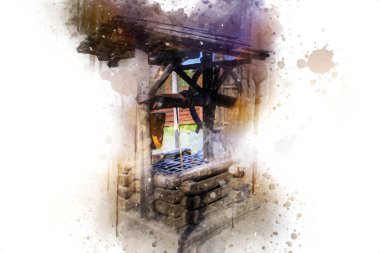 Asılı ahşap kovası, ahşap çatısı, yaşlılığı, sanat illüstrasyonları antika eskizi olan antik artezyen kuyusu.