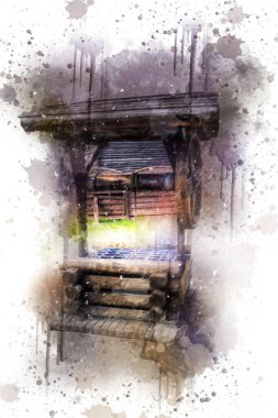 Asılı ahşap kovası, ahşap çatısı, yaşlılığı, sanat illüstrasyonları antika eskizi olan antik artezyen kuyusu.