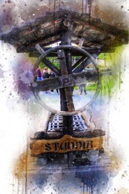 Asılı ahşap kovası, ahşap çatısı, yaşlılığı, sanat illüstrasyonları antika eskizi olan antik artezyen kuyusu.