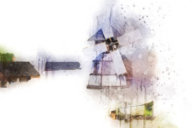 Eski bir yel değirmeni fotoğraf klasiği çizimi