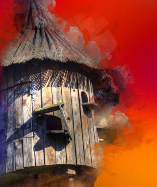 Arka bahçede kuş besleme, ortaçağ tarihi sanat illüstrasyonu antika eskiz