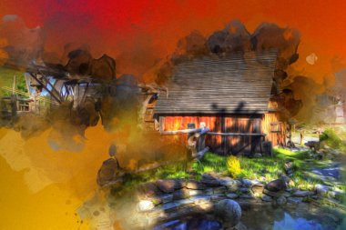 Ortaçağ maden yerleşiminde altın durulama yalakları, ortaçağ tarihi sanat illüstrasyonları antika eskizler