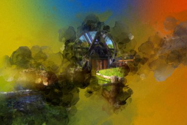 Ortaçağ maden yerleşiminde altın durulama yalakları, ortaçağ tarihi sanat illüstrasyonları antika eskizler