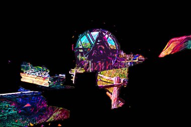 Ortaçağ maden yerleşiminde altın durulama yalakları, ortaçağ tarihi sanat illüstrasyonları antika eskizler