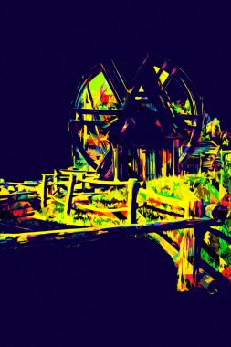 Ortaçağ maden yerleşiminde altın durulama yalakları, ortaçağ tarihi sanat illüstrasyonları antika eskizler