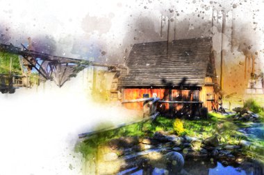 Ortaçağ maden yerleşiminde altın durulama yalakları, ortaçağ tarihi sanat illüstrasyonları antika eskizler