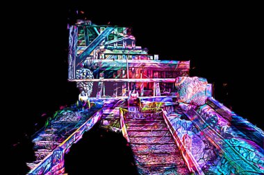 Steppe Mill Mill Wheel Kış Peyzajı Lueneburg Heath, Ortaçağ sanat illüstrasyonu antika eskiz