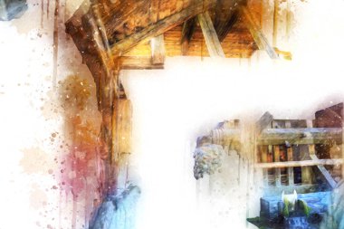 Steppe Mill Mill Wheel Kış Peyzajı Lueneburg Heath, Ortaçağ sanat illüstrasyonu antika eskiz