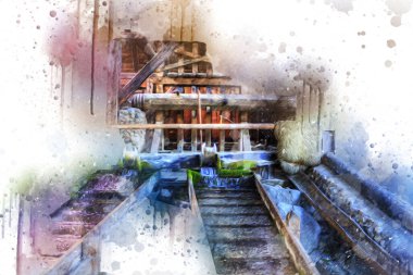 Steppe Mill Mill Wheel Kış Peyzajı Lueneburg Heath, Ortaçağ sanat illüstrasyonu antika eskiz