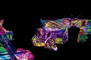 Tipik tarihi ahşap araba çayırda, ortaçağ tarihi sanat illüstrasyonları antika eskizler