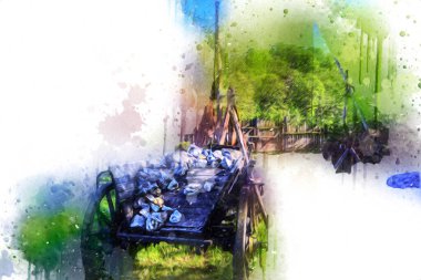 Tipik tarihi ahşap araba çayırda, ortaçağ tarihi sanat illüstrasyonları antika eskizler