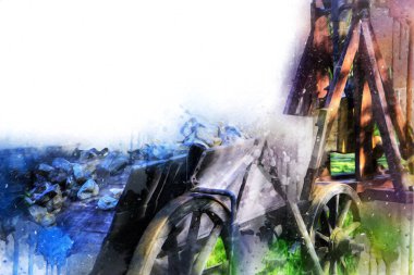 Tipik tarihi ahşap araba çayırda, ortaçağ tarihi sanat illüstrasyonları antika eskizler