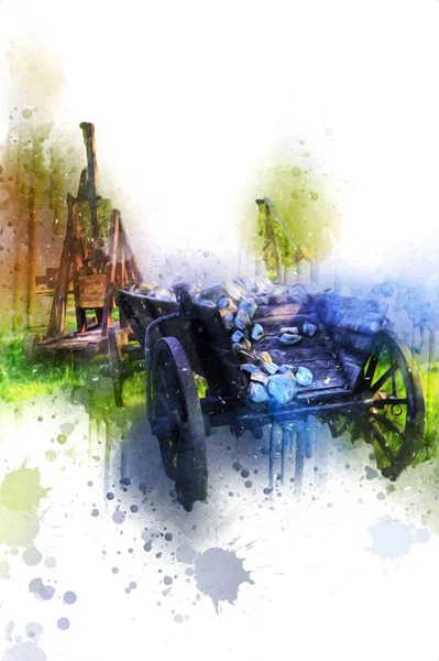 牧草地に典型的な歴史的な木製の馬車 中世の古い歴史芸術イラストレトロなヴィンテージアンティークスケッチ — ストック写真
