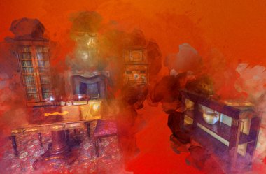 Klasik iç mekanlı klasik mobilyalar, ortaçağ tarihi sanat illüstrasyonu antika eskiz