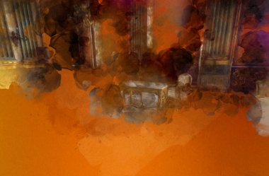 Klasik iç mekanlı klasik mobilyalar, ortaçağ tarihi sanat illüstrasyonu antika eskiz