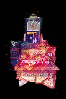 Klasik iç mekanlı klasik mobilyalar, ortaçağ tarihi sanat illüstrasyonu antika eskiz