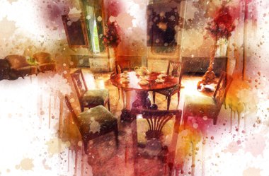 Klasik iç mekanlı klasik mobilyalar, ortaçağ tarihi sanat illüstrasyonu antika eskiz