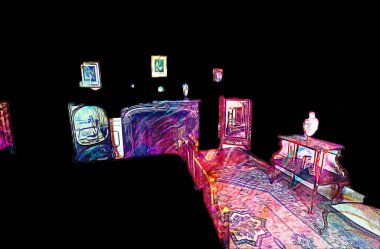 Lüks iç mekan, klasik yatak odası, iç mekan, eski, ortaçağ tarihi sanat illüstrasyonu antika eskiz.