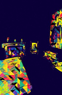 Lüks iç mekan, klasik yatak odası, iç mekan, eski, ortaçağ tarihi sanat illüstrasyonu antika eskiz.