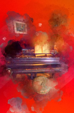 Beyaz klasik odada siyah kuyruklu piyano, iç mekan, eski, ortaçağ tarihi sanat illüstrasyonu antika eskiz