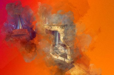 Şatafatlı iç tasarım oturma odası ve şömine güzel bir saray, iç mekan, eski, ortaçağ tarihi sanat illüstrasyonu antika eskiz.