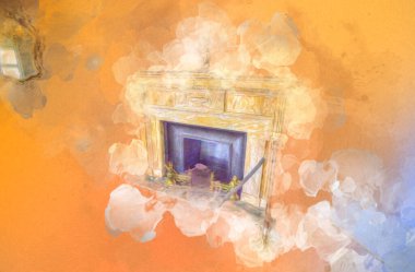 Şatafatlı iç tasarım oturma odası ve şömine güzel bir saray, iç mekan, eski, ortaçağ tarihi sanat illüstrasyonu antika eskiz.