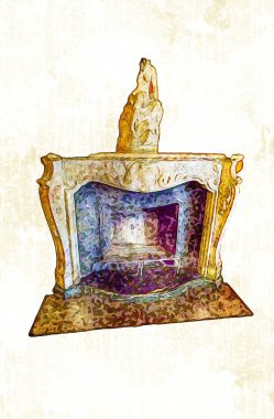 Şatafatlı iç tasarım oturma odası ve şömine güzel bir saray, iç mekan, eski, ortaçağ tarihi sanat illüstrasyonu antika eskiz.