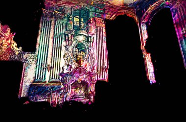 Şatafatlı iç tasarım oturma odası ve şömine güzel bir saray, iç mekan, eski, ortaçağ tarihi sanat illüstrasyonu antika eskiz.