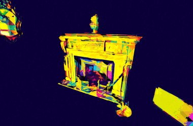 Şatafatlı iç tasarım oturma odası ve şömine güzel bir saray, iç mekan, eski, ortaçağ tarihi sanat illüstrasyonu antika eskiz.