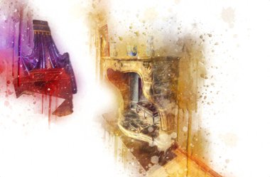 Şatafatlı iç tasarım oturma odası ve şömine güzel bir saray, iç mekan, eski, ortaçağ tarihi sanat illüstrasyonu antika eskiz.